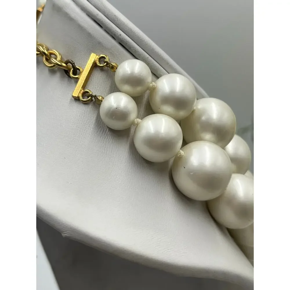 Vintage Large Double Strand Ivory Faux Acrylic Pearl Gold Tone Hook Necklace 20m